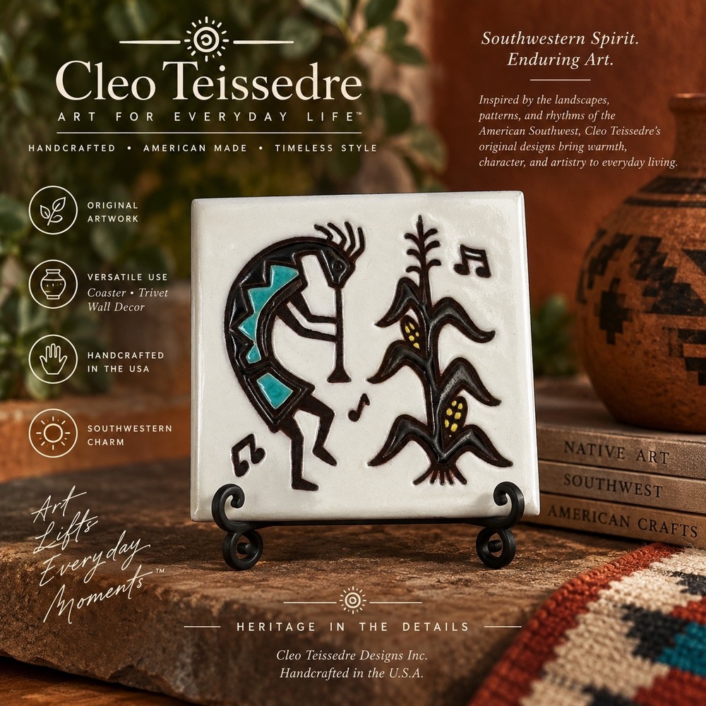 Cleo Teissedre Kokopelli Corn Ceramic Art Tile Coaster Trivet Southwest 4x4